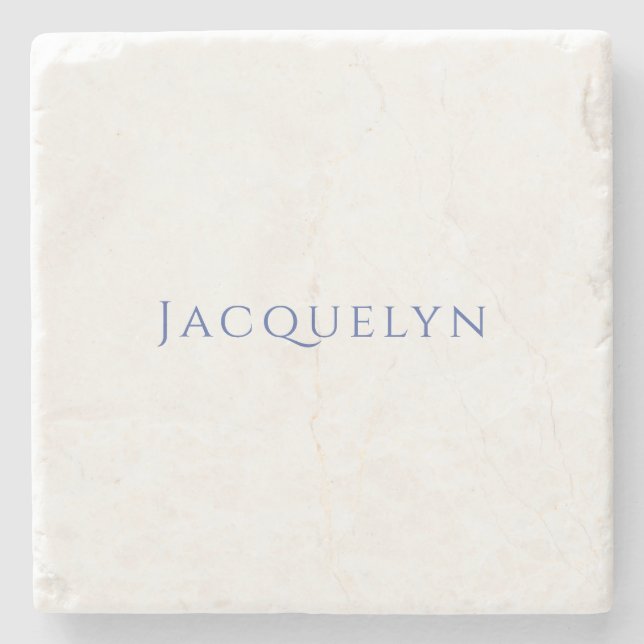 Minimalist White Blue Plain Elegant Modern Name Stone Coaster (Front)