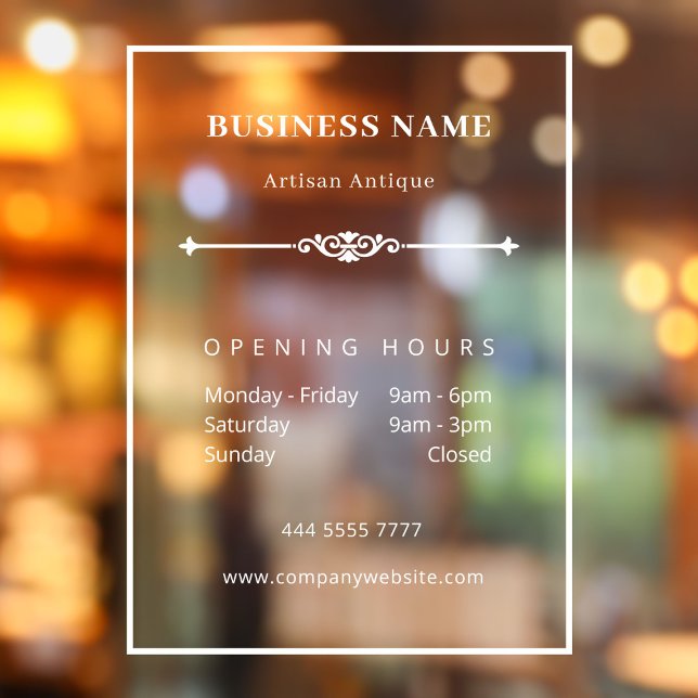 Minimalist White Business Vintage Opening Hours  (Simple White Business Vintage with Opening Hours Window Cling)