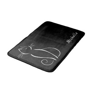 Minimalist White Cat On Black Add Name Bath Mat