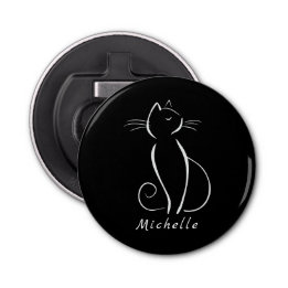 Minimalist White Cat On Black Add Name Bottle Opener