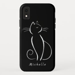 Minimalist White Cat On Black Add Name iPhone XR Case