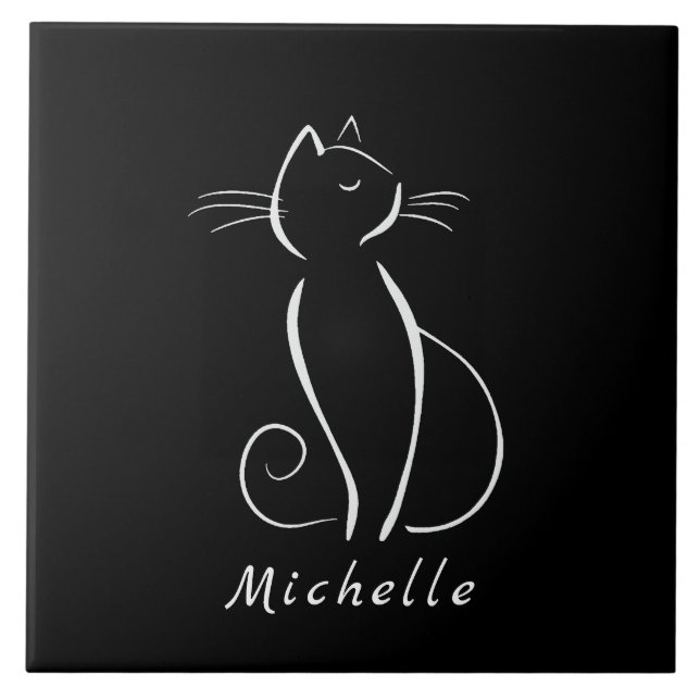 Minimalist White Cat On Black Add Name Ceramic Tile (Front)