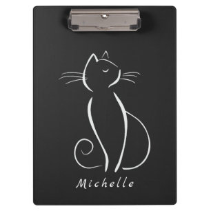 Minimalist White Cat On Black Add Name Clipboard
