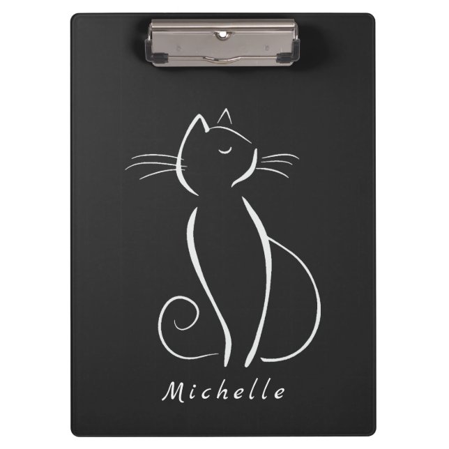 Minimalist White Cat On Black Add Name Clipboard (Front)