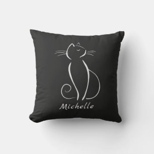 Minimalist White Cat On Black Add Name Cushion
