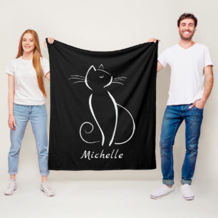 Minimalist White Cat On Black Add Name Fleece Blanket