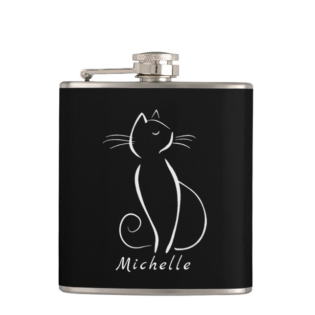 Minimalist White Cat On Black Add Name Hip Flask (Front)