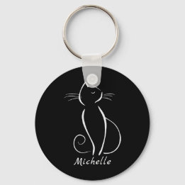 Minimalist White Cat On Black Add Name Key Ring