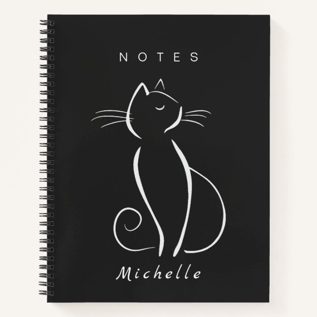Minimalist White Cat On Black Add Name Notebook (Front)
