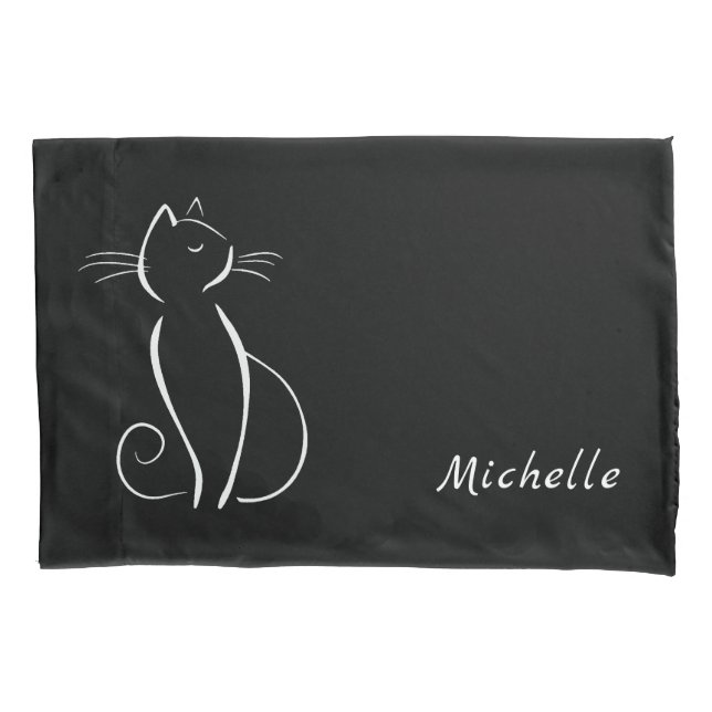 Minimalist White Cat On Black Add Name Pillowcase (Front)