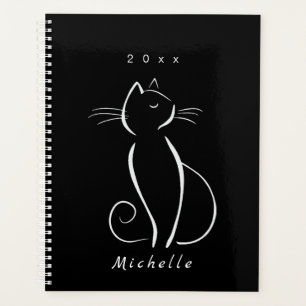 Minimalist White Cat On Black Add Name Planner