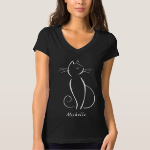 Minimalist White Cat On Black Add Name T-Shirt
