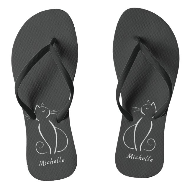 Minimalist White Cat On Black Add Name Thongs (Footbed)