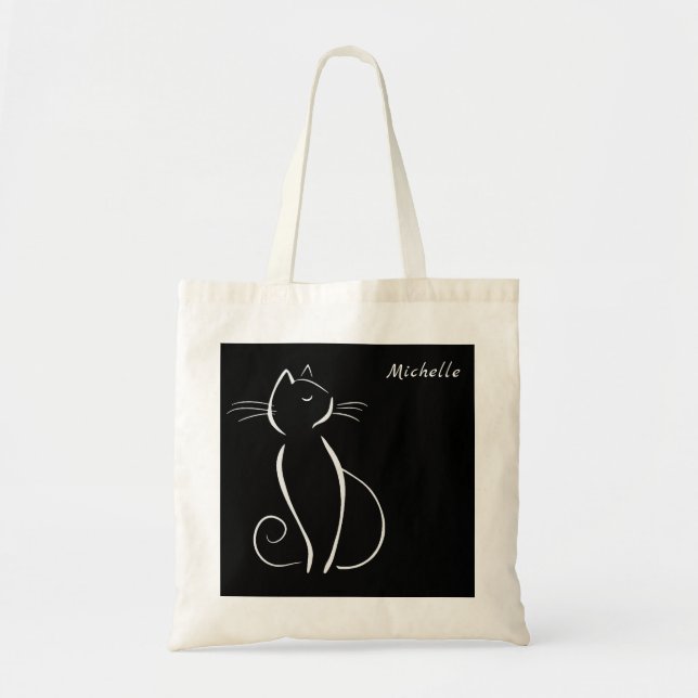 Minimalist White Cat On Black Add Name Tote Bag (Front)
