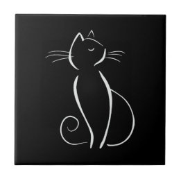 Minimalist White Cat On Black Ceramic Tile