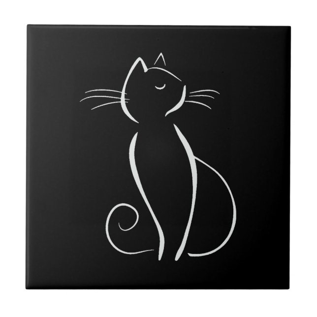 Minimalist White Cat On Black Ceramic Tile (Front)