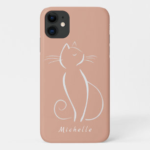 Minimalist White Cat On Pink Add Name   iPhone 11 Case
