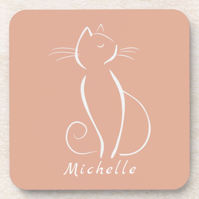 Minimalist White Cat On Pink Add Name Coaster (Front)