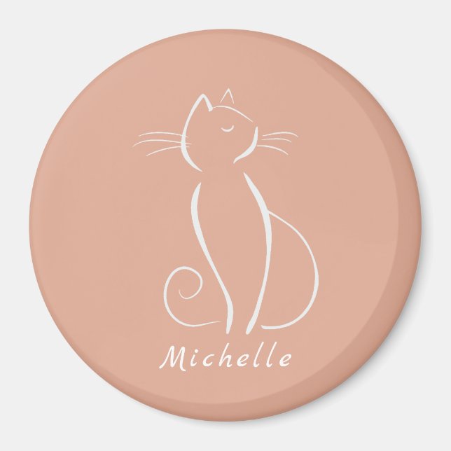 Minimalist White Cat On Pink Add Name Magnet (Front)