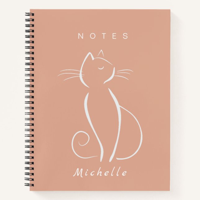 Minimalist White Cat On Pink Add Name Notebook (Front)