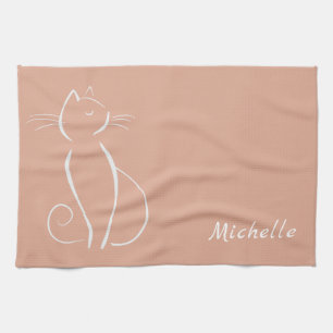 Minimalist White Cat On Pink Add Name Tea Towel