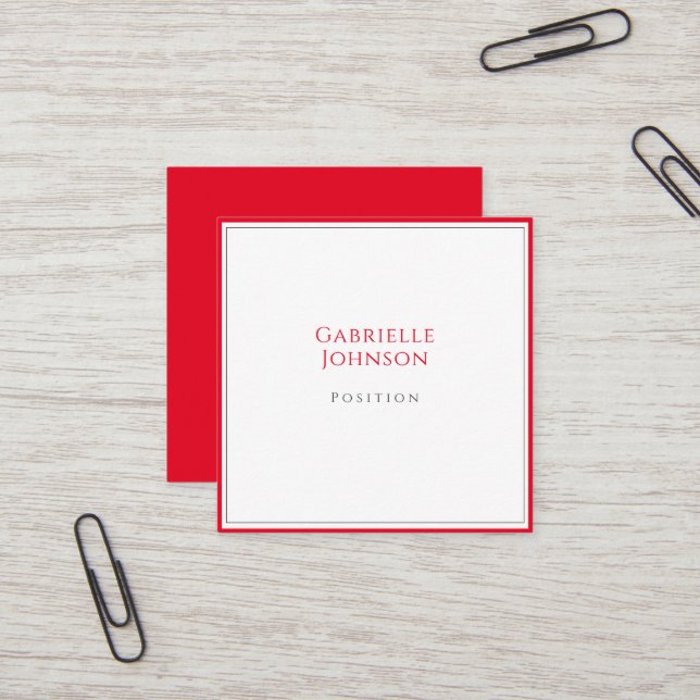 Minimalist White Cherry Red Simple Bold Elegant Square Business Card (Front/Back In Situ)