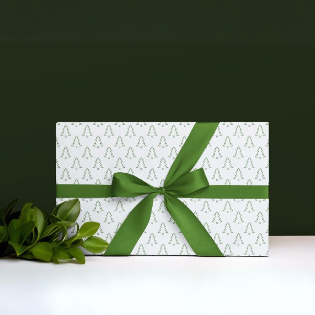 Minimalist White Christmas Tree Wrapping Paper (Green Christmas tree on snowy white wrapping paper)