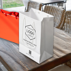 Minimalist White Company Name QR Code Logo  Medium Gift Bag