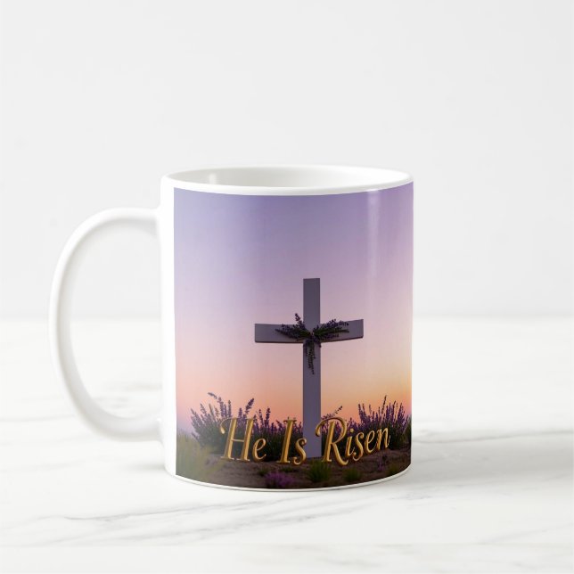 Minimalist white cross adorned with lavender  coffee mug (Left)