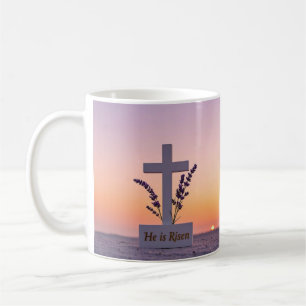 Minimalist white cross adorned with lavender coffee mug