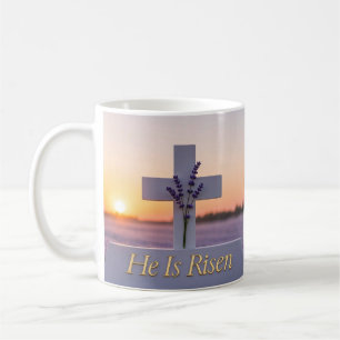 Minimalist white cross adorned with lavender coffee mug