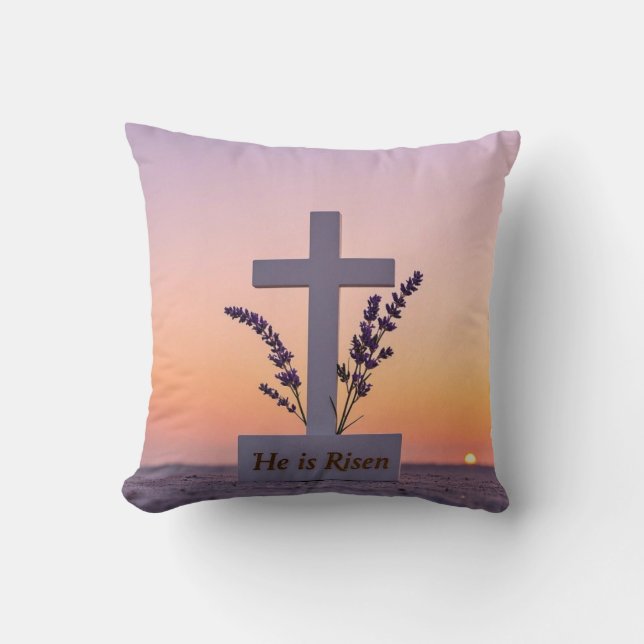 Minimalist white cross adorned with lavender cushion (Front)