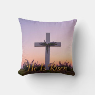 Minimalist white cross adorned with lavender cushion