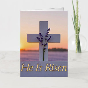Minimalist white cross adorned with lavender foil greeting card