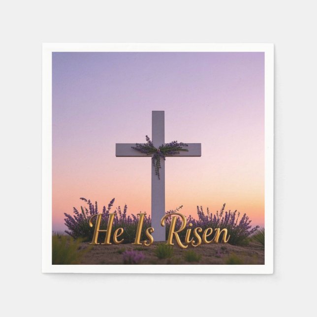 Minimalist white cross adorned with lavender  napkin (Front)