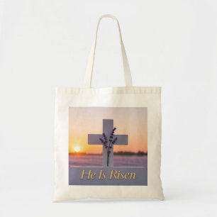 Minimalist white cross adorned with lavender tote bag