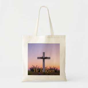 Minimalist white cross adorned with lavender tote bag