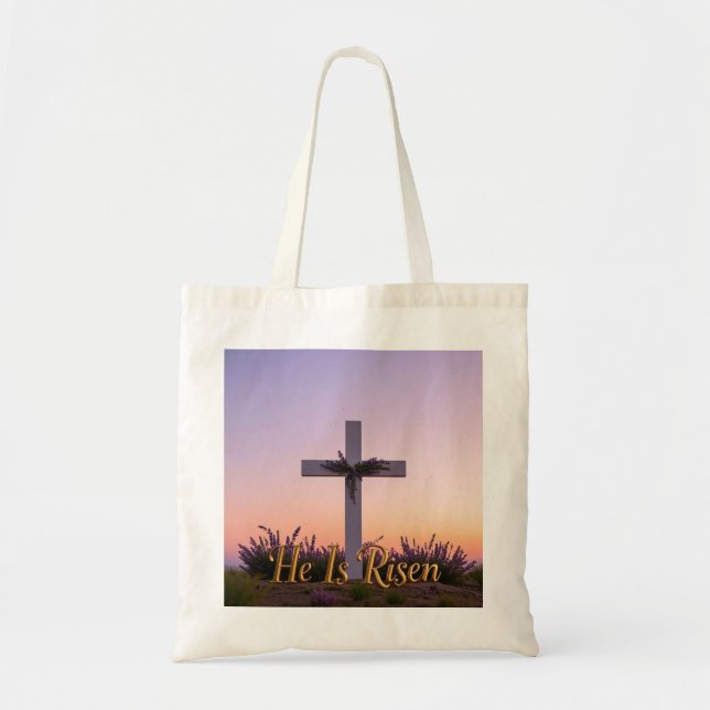 Minimalist white cross adorned with lavender  tote bag (Front)