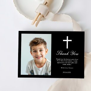 Minimalist White Cross Boys First Communion Photo Thank You Card