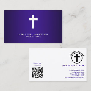 Minimalist White Cross Purple Name Card for Pastor