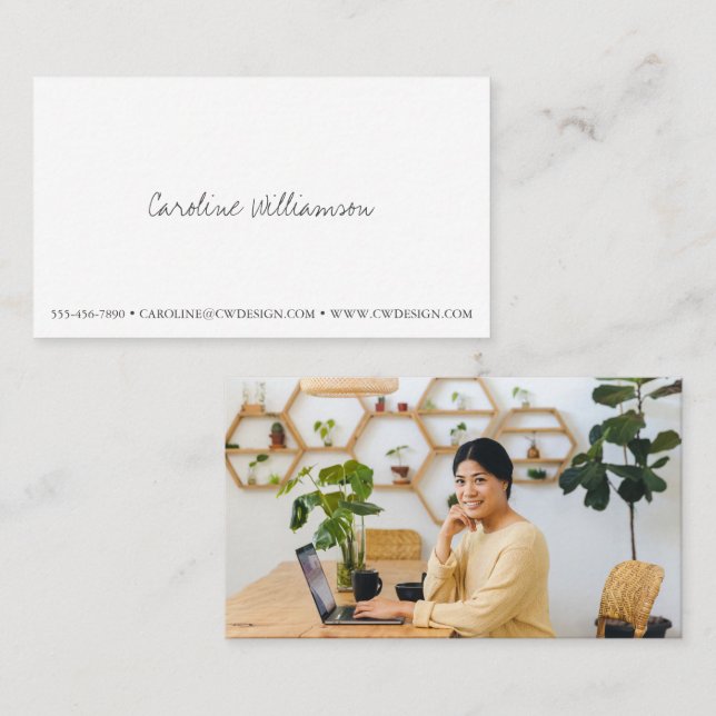 Minimalist White Elegant Script Professional Photo Business Card (Front/Back)