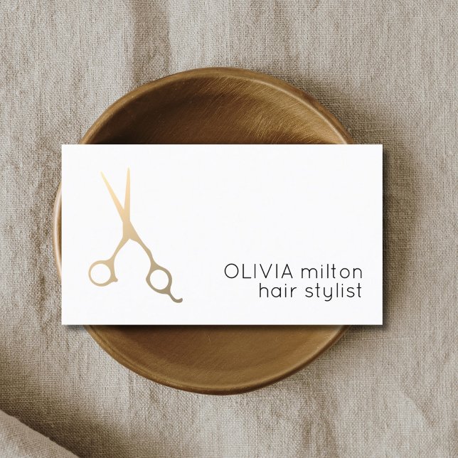 Minimalist White Faux Gold Scissors Hair Stylist Business Card (Creator Uploaded)