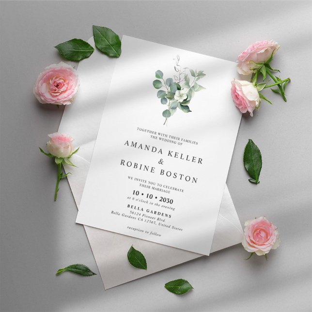 Minimalist White Floral & Eucalyptus Wedding Invitation (Creator Uploaded)