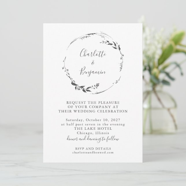 Minimalist White Floral Wreath Calligraphy Wedding Invitation (Standing Front)