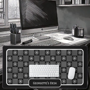 Minimalist White Flowers - Checked on Black Desk Mat