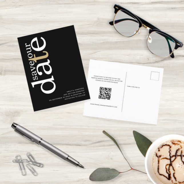 Minimalist White Gold Black QR Code Save The Date Postcard (Creator Uploaded)