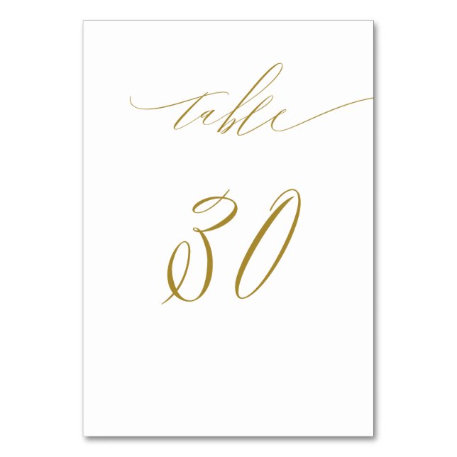 Minimalist White Gold Elegant Script 30 Wedding Table Number (Front)