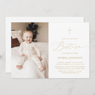 Minimalist White Gold Elegant Script Photo Baptism Invitation