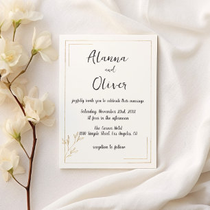 Minimalist white gold floral border Wedding Invitation