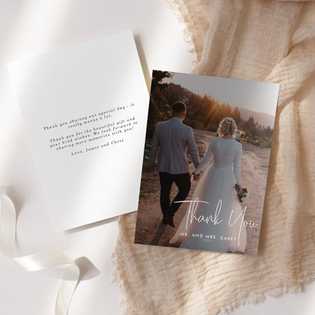 Minimalist White Handwritten Script Photo Wedding Thank You Card (Creator Uploaded)
